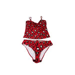 Long Tall Sally Twist Front Tankini Swimsuit Red Leopard Womens 12